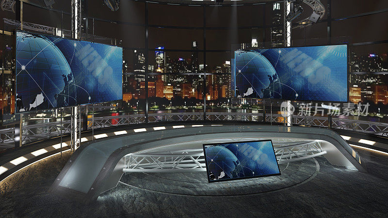 虚拟电视演播室新闻集绿屏背景。3 d渲染。